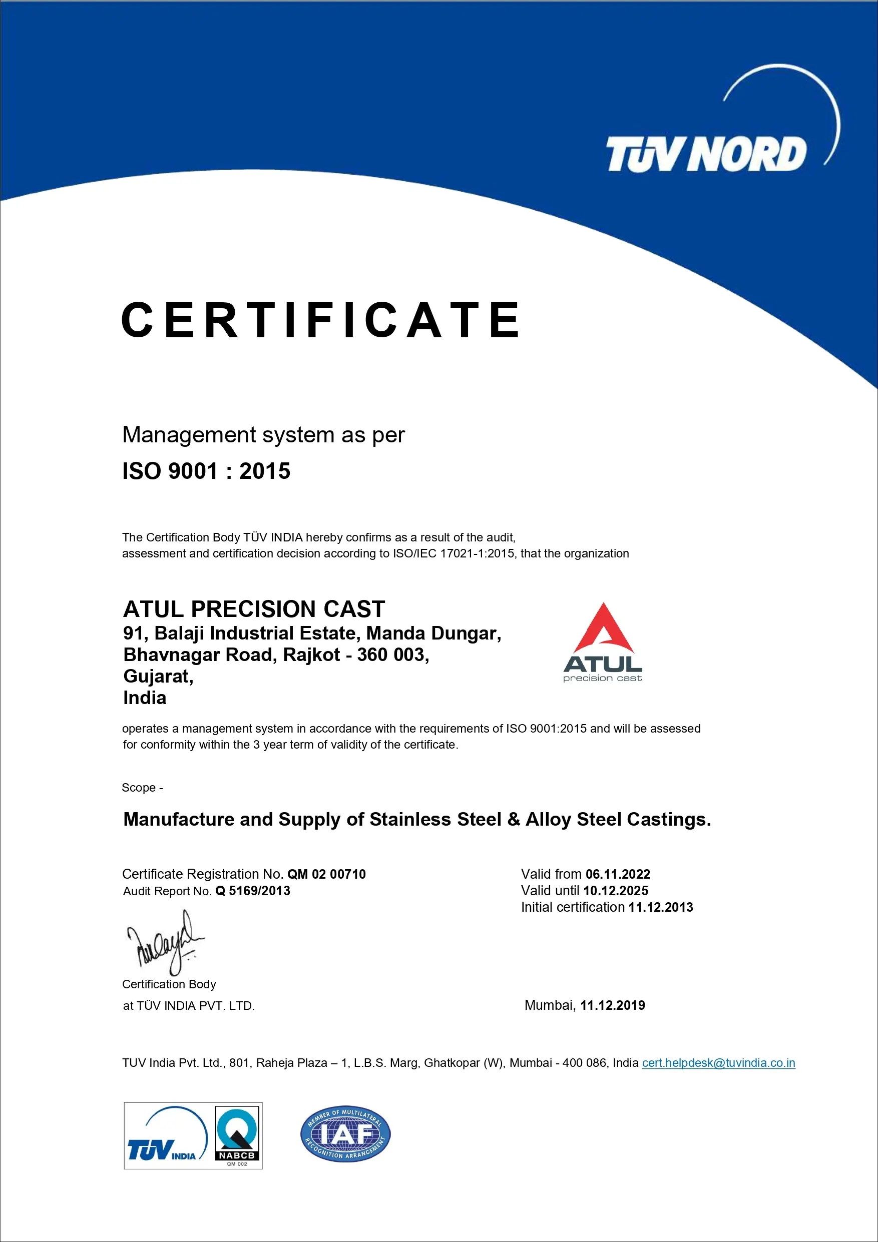 Atul Precision Cast Pvt. Ltd. Certificate